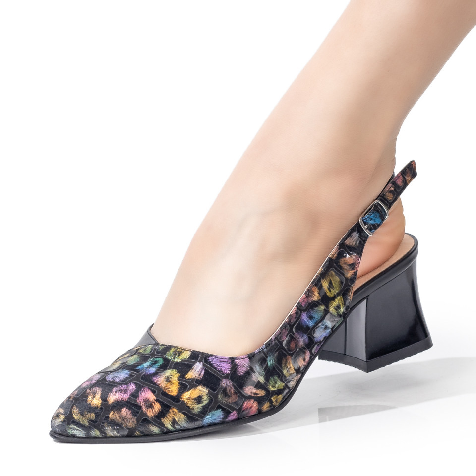 Movement Somehow Cherry Pantofi cu toc dama negri cu imprimeu multicolor din Piele naturala  MDL07639 Modlet