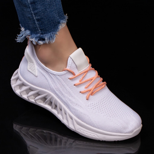 Pantofi trendy sport dama, Pantofi albi dama sport din material textil cu sireturi roz MDL04607 - modlet.ro