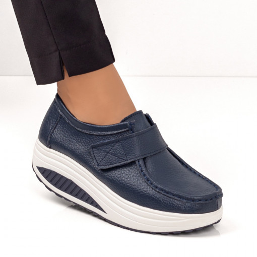 Pantofi casual piele cu platforma, Pantofi casual dama albastri cu platforma din Piele naturala MDL03866 - modlet.ro