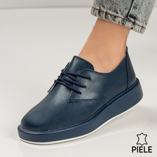 Lichidare stoc piele naturala, Pantofi casual dama albastri cu siret din Piele naturala MDL03116 - modlet.ro