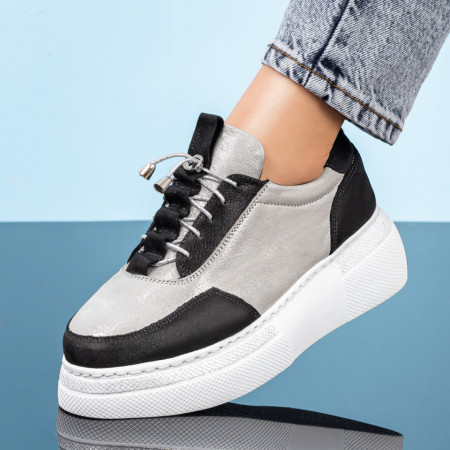 Pantofi casual dama din piele naturala negri cu argintiu MDL00321