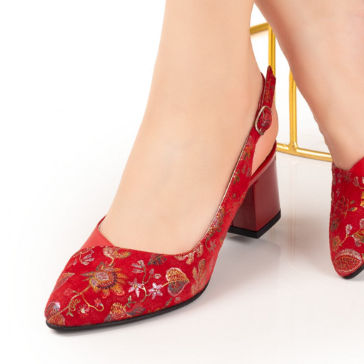 Pantofi cu toc dama rosii cu imprimeu floral din Piele naturala MDL07639