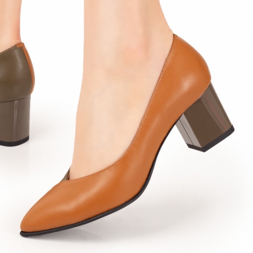 Pantofi dama - Piele naturala, Pantofi cu toc gros dama maro si khaki din Piele naturala MDL033890 - modlet.ro