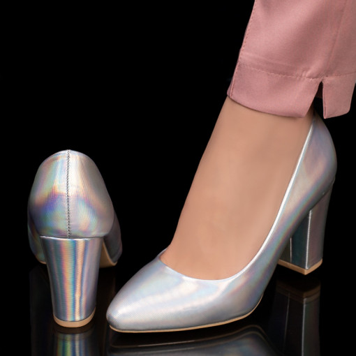 Pantofi clasici cu toc gros, Pantofi cu toc gros inalt dama argintii MDL03692 - modlet.ro