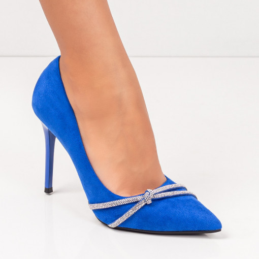 Pantofi Stiletto trendy, Pantofi dama albastri Stiletto cu toc subtire si pietre aplicate MDL06138 - modlet.ro