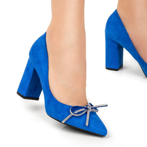 Reduceri  Pantofi cu toc, Pantofi dama albastri suede cu toc gros si funda cu pietre aplicate MDL06131 - modlet.ro