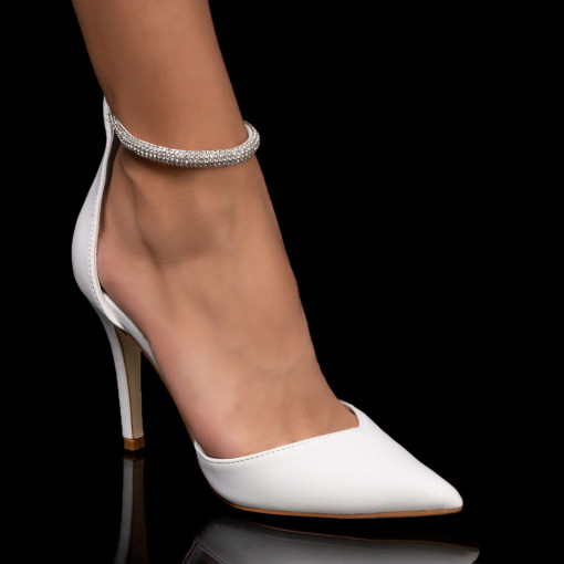 Pantofi dama albi cu toc subtire si bareta cu pietre aplicate MDL05643