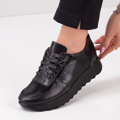Pantofi casual trendy dama, Pantofi dama casual negri din Piele cu talpa groasa MDL03968 - modlet.ro