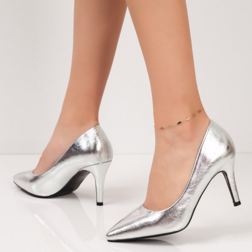 Pantofi cu toc, Pantofi dama cu toc subtire argintii MDL05453 - modlet.ro
