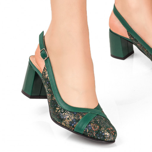 Pantofi cu toc din piele naturala, Pantofi dama cu toc verzi cu model floral din Piele naturala MDL07641 - modlet.ro