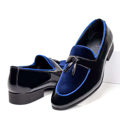 Barbati - Trendy, Pantofi eleganti barbati cu aspect lacuit negru cu albastru MDL05390 - modlet.ro