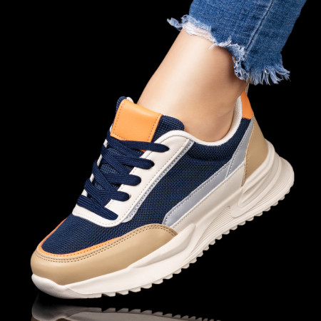 Pantofi sport dama bej cu albastru si portocaliu cu siret si talpa groasa MDL08194