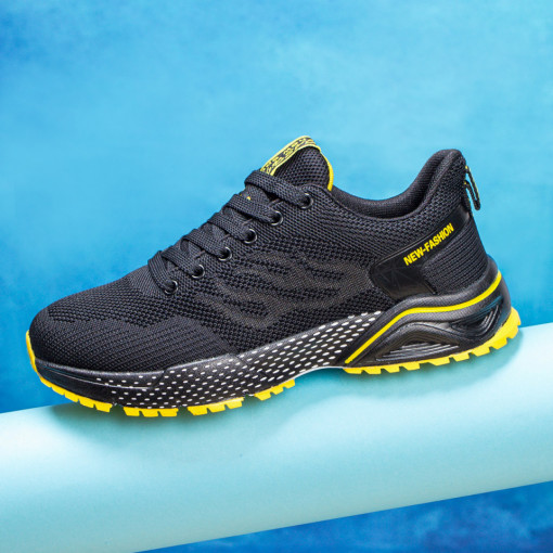 Adidasi clasici barbati, Pantofi sport negri cu galben din material textil MDL01572 - modlet.ro