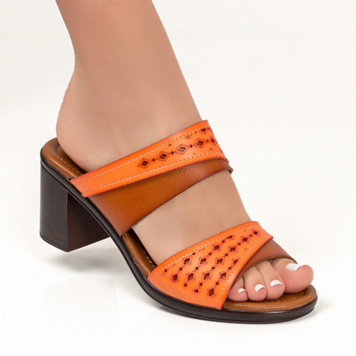 Papuci cu toc dama din piele ecologica portocalii MDL00686