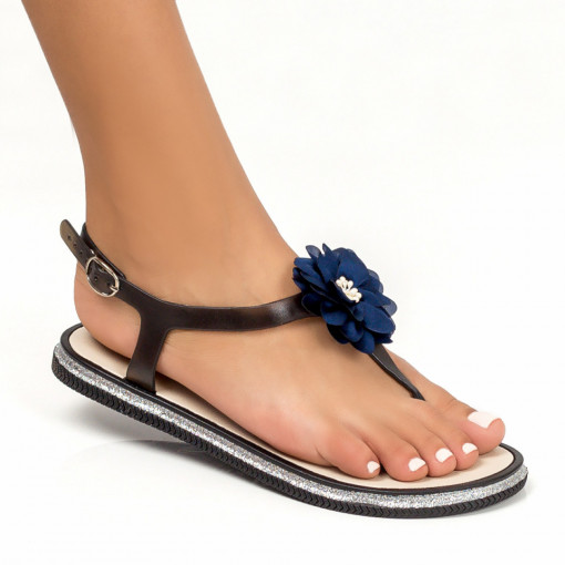 Reduceri  Sandale fara toc, Sandale negre dama cu floare decorativa si talpa joasa MDL05148 - modlet.ro