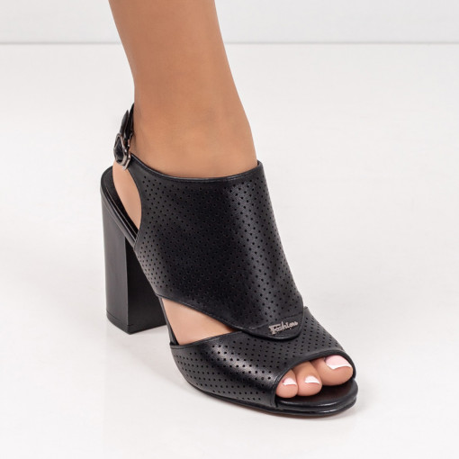 Sandale cu toc gros, Sandale perforate negre dama cu toc gros MDL05829 - modlet.ro