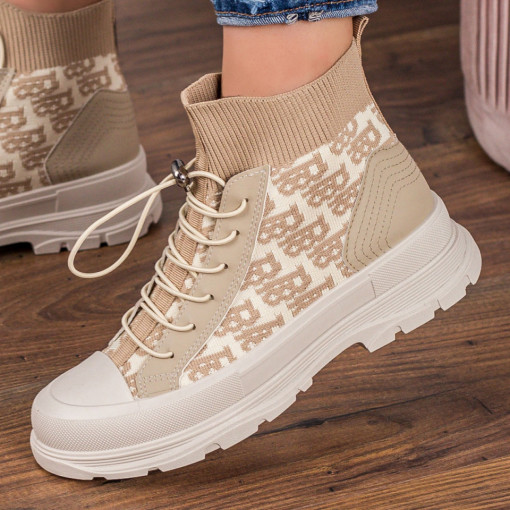 Sneackers trendy dama, Sneakers dama din material textil bej cu talpa groasa MDL01515 - modlet.ro