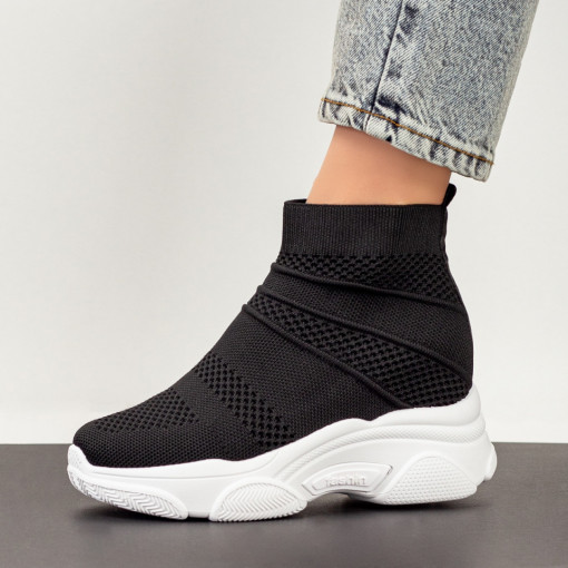 Sneackers trendy dama, Sneakers dama negri din material elastic cu talpa alba MDL03004 - modlet.ro