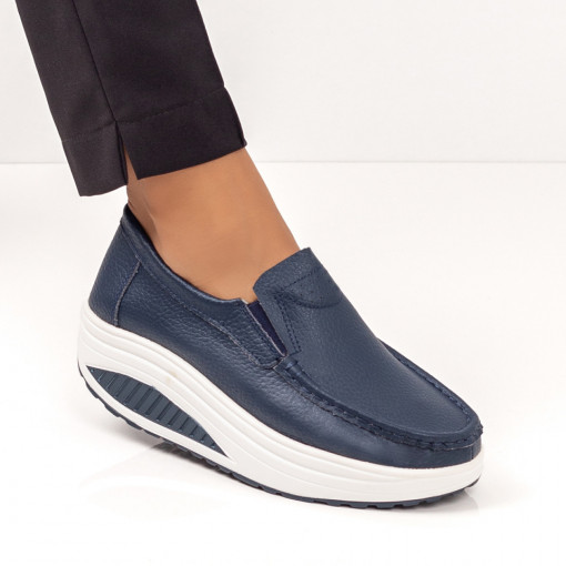 Pantofi casual piele cu platforma, Pantofi casual dama albastri cu platforma din Piele naturala si material elastic MDL03867 - modlet.ro