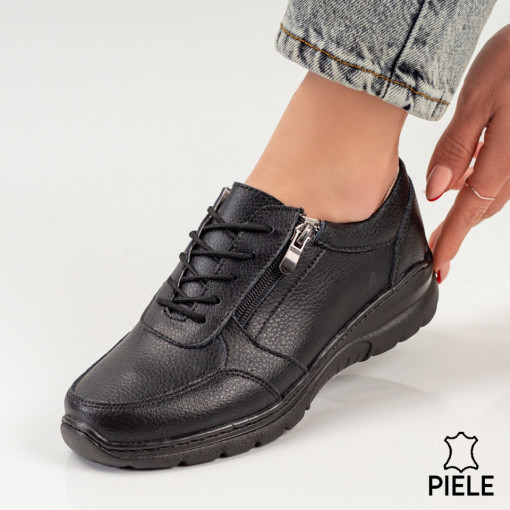 Lichidare stoc piele naturala, Pantofi casual dama negri cu siret si fermoar lateral din Piele naturala MDL00248 - modlet.ro
