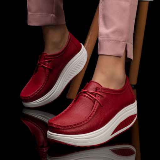 Pantofi casual cu platforma, Pantofi casual dama rosii cu siret si platforma din Piele naturala MDL06089 - modlet.ro