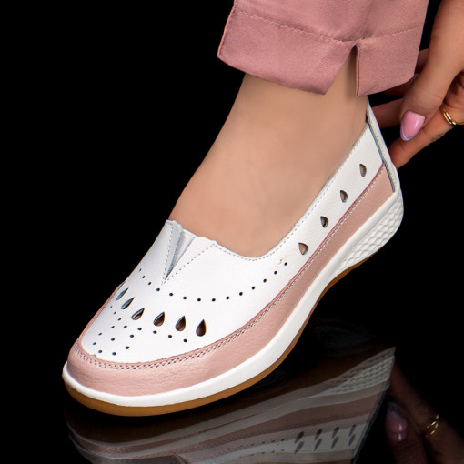 Pantofi dama casual din Piele naturala albi cu roz perforati MDL03757