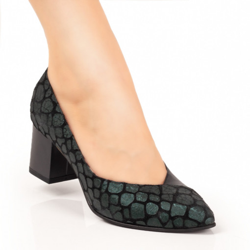Pantofi dama - Piele naturala, Pantofi dama cu toc gros negri cu verde din Piele naturala MDL033890 - modlet.ro