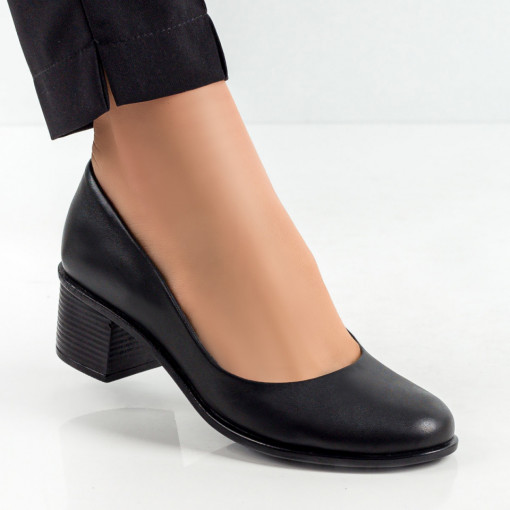 Pantofi cu toc din piele naturala, Pantofi dama negri cu toc gros din Piele MDL06391 - modlet.ro