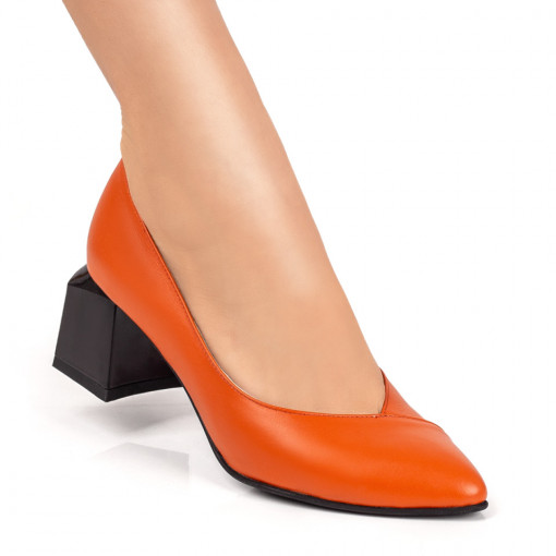 Pantofi cu toc din piele naturala, Pantofi dama portocalii cu toc gros din Piele naturala MDL033890 - modlet.ro