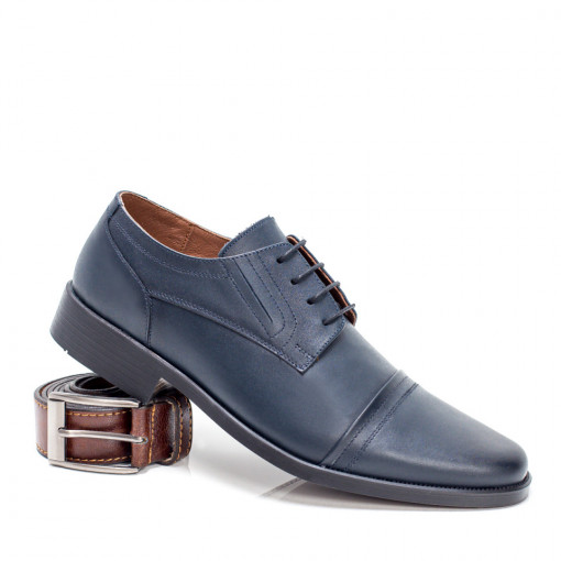 Pantofi eleganti barbati albastri din Piele cu o cusatura decorativa in fata MDL01518