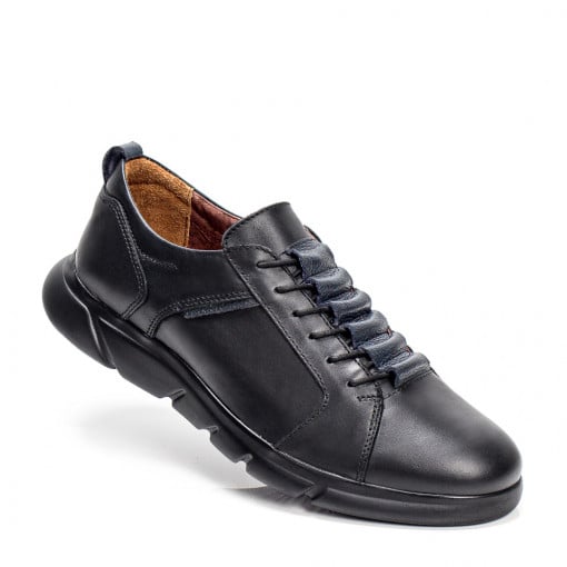 Pantofi barbati - Piele naturala, Pantofi negri cu albastru barbati casual cu siret elastic MDL07043 - modlet.ro