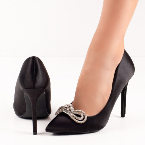 Pantofi negri Stiletto dama cu toc subtire si funda cu pietre aplicate MDL06240