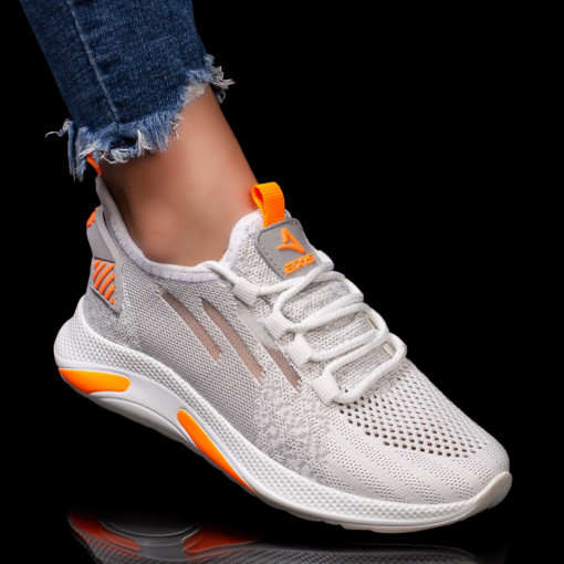 Pantofi sport alb cu portocaliu dama si siret MDL05120