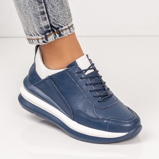 Pantofi sport dama din piele, Pantofi sport dama albastri cu talpa groasa din Piele naturala MDL03101 - modlet.ro