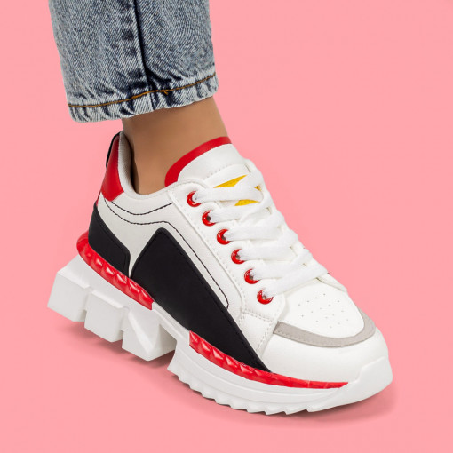 Pantofi trendy sport dama, Pantofi sport dama albi cu rosu si negru MDL03212 - modlet.ro