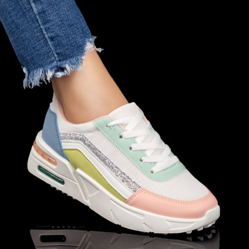 Oferta Zilei Dama, Pantofi sport dama albi cu roz si verde MDL07750 - modlet.ro