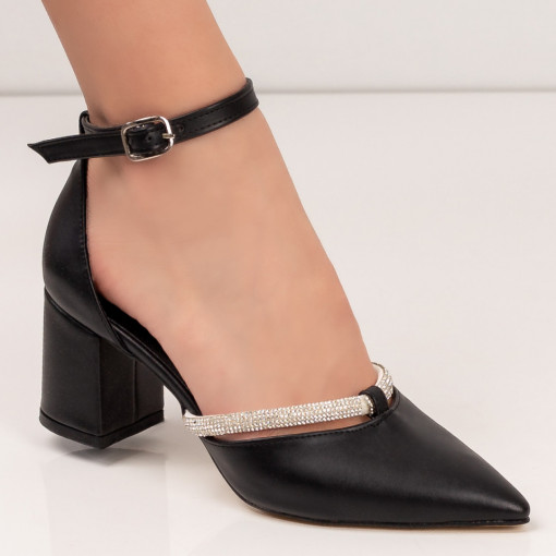 Sandale clasice cu toc gros, Sandale dama negre elegante cu toc gros si bareta cu pietre aplicate MDL05441 - modlet.ro