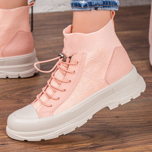 Sneackers trendy dama, Sneakers dama din material textil roz cu talpa groasa MDL01515 - modlet.ro