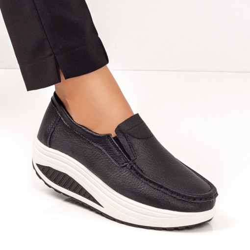 Pantofi casual piele cu platforma, Pantofi casual dama negri cu platforma din Piele naturala si material elastic MDL03867 - modlet.ro