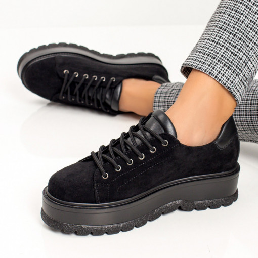 Pantofi casual trendy dama, Pantofi casual negri dama cu siret si talpa groasa MDL06110 - modlet.ro