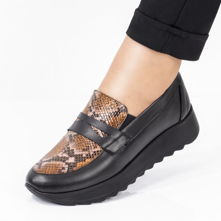 Pantofi casual Piele dama negri cu imprimeu sarpe maro MDL03625