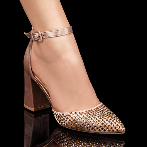 Pantofi cu toc dama khaki si aplicatii de pietre decorative MDL07811
