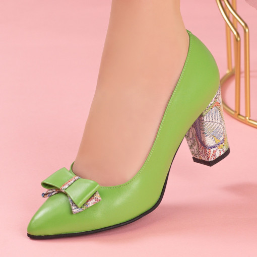 Pantofi dama piele cu toc gros, Pantofi cu toc dama verzi cu funda din piele naturala Brimie - modlet.ro