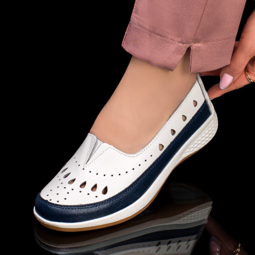 Pantofi dama casual din Piele naturala albi cu albastru perforati MDL03757