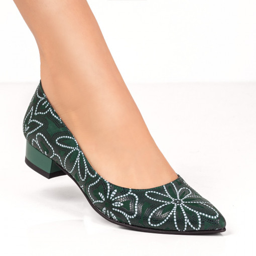 Pantofi dama piele cu toc mic, Pantofi dama cu toc mic verzi cu imprimeu floral din Piele naturala MDL06141 - modlet.ro