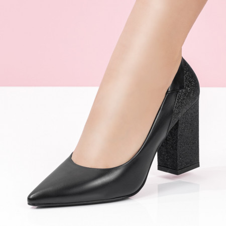Pantofi dama cu toc negri glitter MDL08382