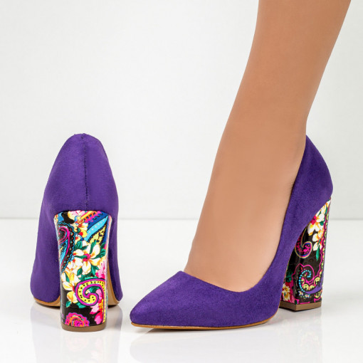 Pantofi trendy cu toc gros, Pantofi dama mov cu toc multicolor gros MDL05640 - modlet.ro