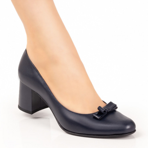 Pantofi dama piele cu toc gros, Pantofi dama negri cu toc mic si fundita din Piele naturala MDL07659 - modlet.ro