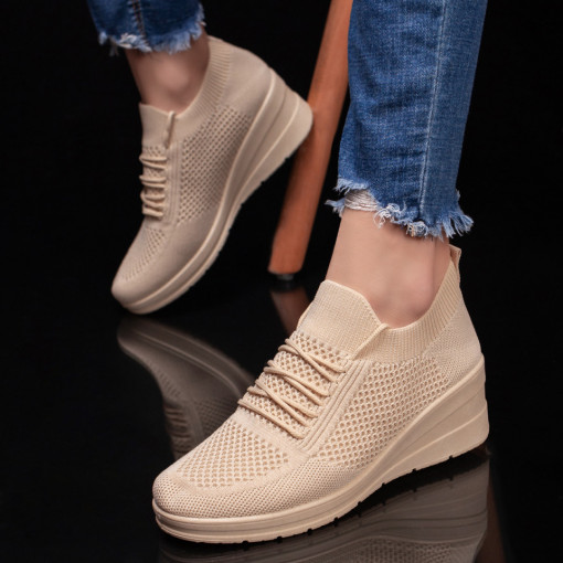 Pantofi trendy sport dama, Pantofi sport dama bej din material textil cu platforma MDL04377 - modlet.ro