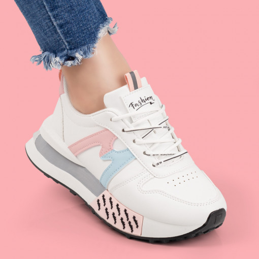 Pantofi sport dama cu talpa groasa albi cu roz MDL07830